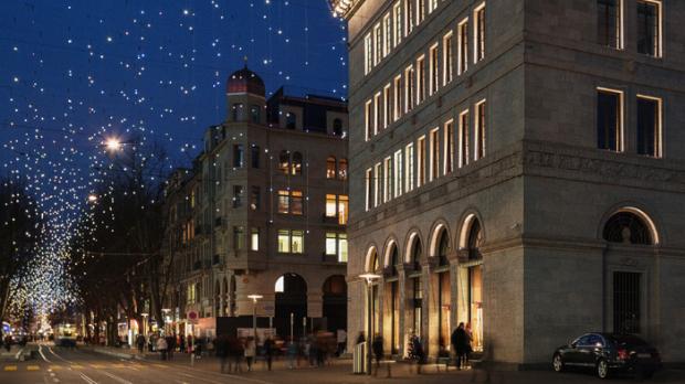 Schweizer Nationalbank in Zürich mit Weihnachtsbeleuchtung der Reflexion AG
