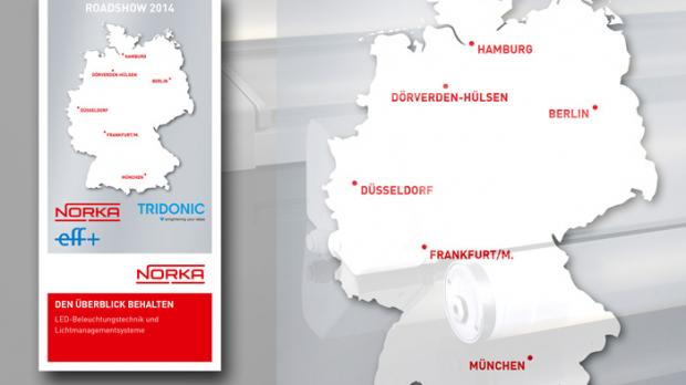 Bei der Roadshow 2014 in Deutschland möchten die Unternehmen NORKA, TRIDONIC und eff+ einen guten Überblick zum Thema LED-Beleuchtungstechnik und Lichtmanagementsystem geben.