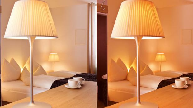 Farbtemperaturen im Vergleich: Links eine LED-Lampe mit 2.700 Kelvin, rechts das neue Ledon Candlelight mit ultrawarmweißen 2.000 Kelvin.