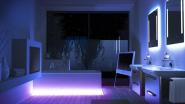 Farbiges Licht aus indirekten Lichtquellen kann das abendliche Entspannungsbad noch angenehmer machen. Rendering: Wahl GmbH