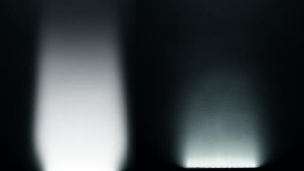 Aufgrund der von iGuzzini entwickelten, patentierten Linsentechnologie mit halbseitiger Mikrosatinierung kann Linealuce Wall Grazer ein wunderbar gleichmäßiges Licht horizontal an Flächen zaubern (links). Dunkelbereiche, wie bei herkömmlichen Produkten, entstehen nicht, da das Licht unmittelbar an der Leuchte auf die zu beleuchtende Fläche trifft. Foto: iGuzzini